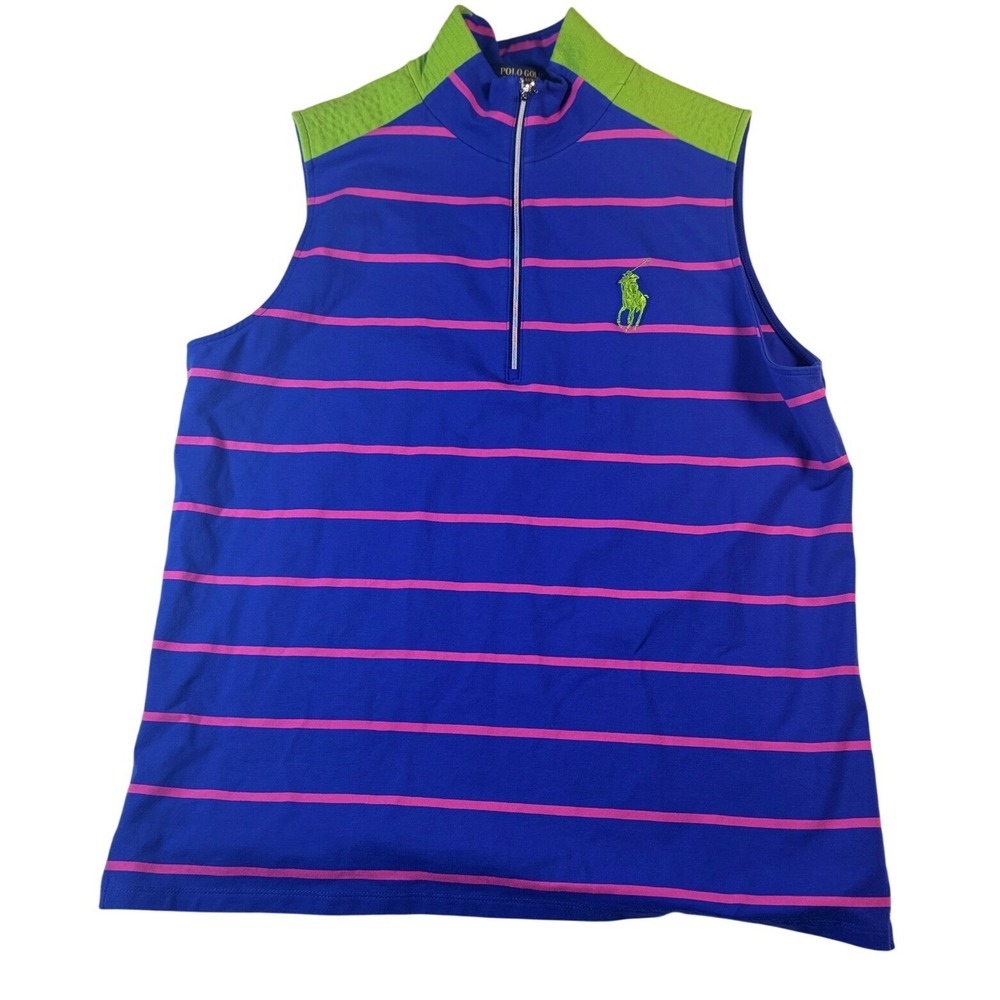 Polo Golf Ralph Lauren Womens‎ XL Blue Pink Striped Sleeveless 1/4 Zip Vest Top